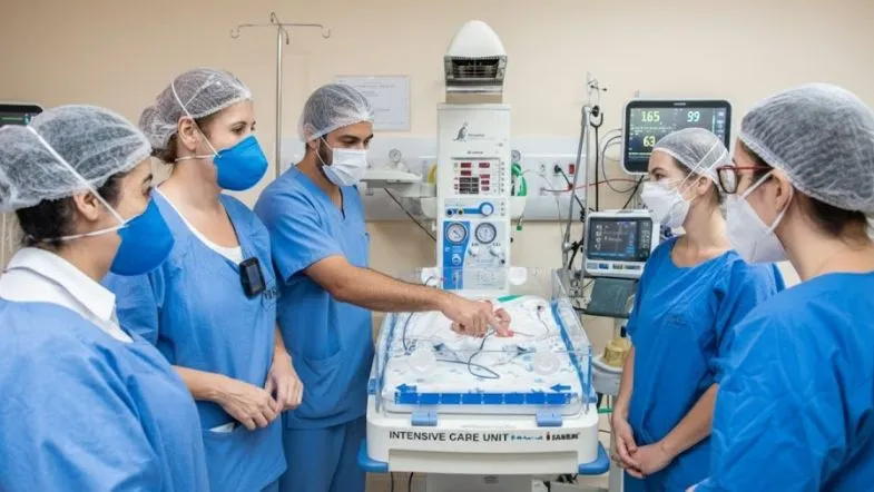 Profissionais de saúde observam e discutem parâmetros de incubadora durante prática clínica em unidade de terapia intensiva neonatal.