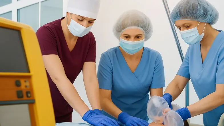 O futuro da emergência hospitalar: o que muda em 2026 e qual formação será obrigatória 9 Profissionais realizando ressuscitação cardiopulmonar com ventilação assistida em ambiente hospitalar.