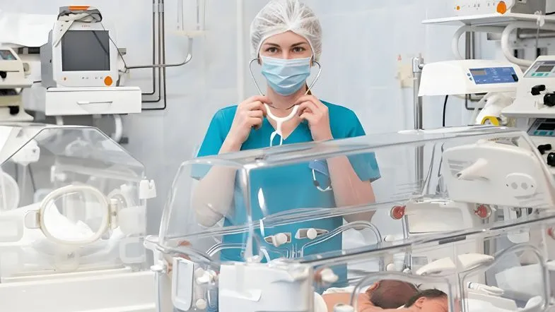 Enfermeira neonatal paramentada realizando assistência segura ao recém-nascido prematuro em incubadora hospitalar.