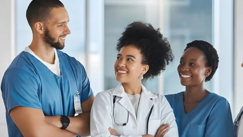 Gestão em Saúde 2026: competências essenciais que os hospitais vão exigir dos líderes 9 Três profissionais da saúde sorrindo em ambiente hospitalar, simbolizando cultura organizacional positiva e liderança eficaz.
