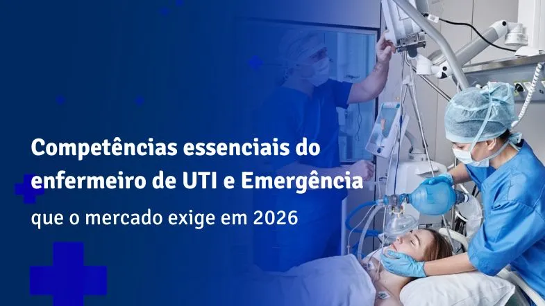 Banner com título "Competências essenciais do enfermeiro de UTI e Emergência que o mercado exige em 2026". A imagem mostra uma enfermeira realizando ventilação manual com bolsa-valva-máscara (Ambu) em uma paciente deitada.