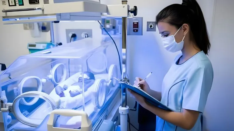 Pós-graduação em UTI Neonatal e Pediátrica: como alavancar sua carreira na saúde em 2026 6 Enfermeira utilizando máscara e uniforme clínico fazendo anotações em prontuário ao lado de uma incubadora neonatal em unidade de terapia intensiva.