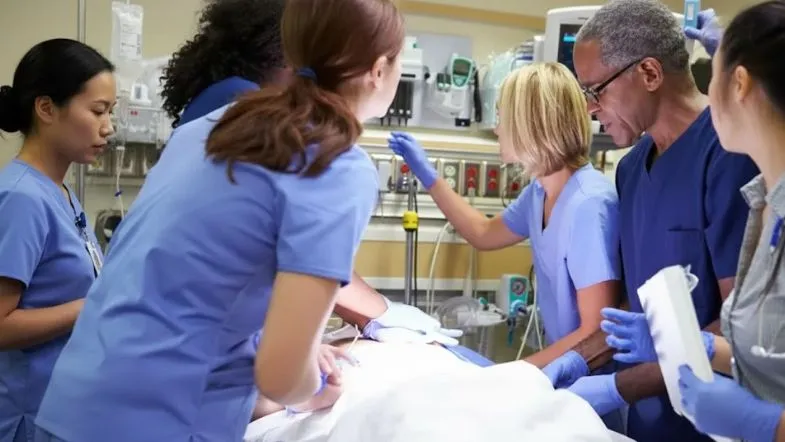 Urgência, Emergência e UTI: como a prática clínica diferencia o enfermeiro especialista 6 Grupo multidisciplinar de profissionais de saúde em uniformes azuis realizando um procedimento complexo em um paciente em leito de UTI com equipamentos ao fundo.