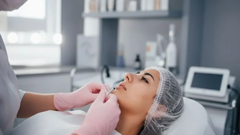 Estética Avançada em Goiânia e Brasília: onde se especializar em 2026 6 Close-up de procedimento de preenchimento labial em ambiente clínico, com profissional utilizando luvas rosa e seringa de precisão.