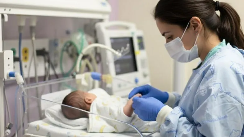 Enfermeira neonatal realizando cuidado assistencial em recém-nascido internado na UTI Neonatal, com monitorização e suporte intensivo.