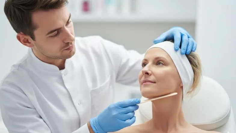 Avaliação facial individualizada realizada por profissional de estética avançada, com foco em personalização e segurança do paciente.
