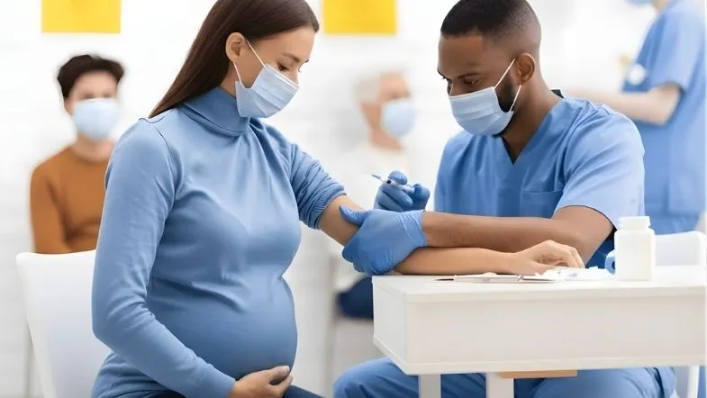 Enfermeiro administrando vacina em gestante em clínica de saúde.