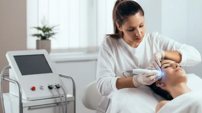 Close de uma profissional de estética em jaleco branco utilizando um equipamento de radiofrequência ou laser no rosto de uma paciente. Ambiente clínico iluminado e moderno.