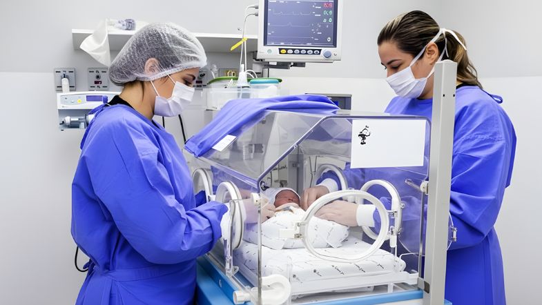 Novas diretrizes clínicas para UTI Neonatal em 2026: o que muda para enfermeiros 6 Equipe multiprofissional atuando em incubadora de UTI Neonatal, com enfermeiras monitorando recém-nascido em ambiente de alta complexidade.