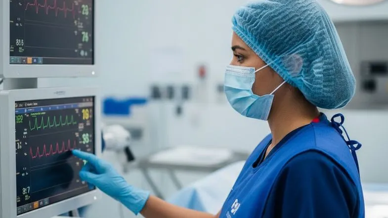 Urgência, Emergência e UTI: como a prática clínica diferencia o enfermeiro especialista 7 Enfermeira com máscara e touca operando um monitor touch screen de sinais vitais em uma unidade hospitalar.