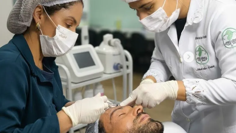 Estética Avançada em Goiânia e Brasília: onde se especializar em 2026 7 Duas profissionais de saúde em treinamento prático realizando aplicação de toxina botulínica em um paciente masculino.