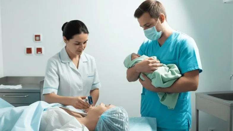 Equipe de saúde com enfermeira obstetra assistindo parturiente enquanto profissional segura recém-nascido, simbolizando cuidado humanizado e prática baseada em evidências.