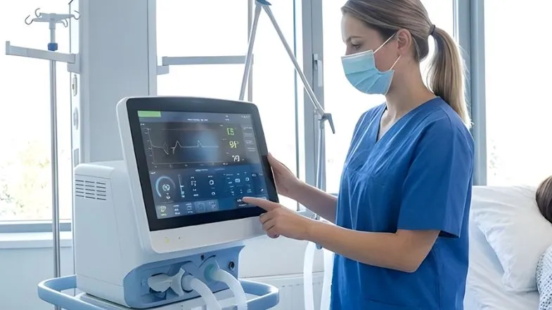 Enfermeira monitorando parâmetros clínicos em equipamento hospitalar durante atendimento em UTI, com base em protocolos assistenciais.