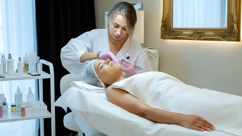 Procedimento estético facial realizado em ambiente clínico, seguindo protocolos de biossegurança e prática avançada.