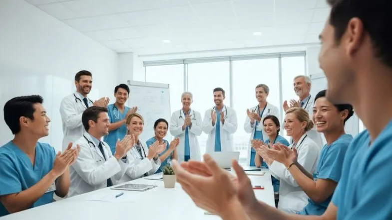 Equipe multiprofissional de saúde reunida em ambiente hospitalar, demonstrando engajamento, trabalho em equipe e cultura organizacional positiva.
