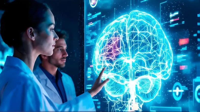 Faculdade ITH participa do HIF 2026, maior evento de inovação hospitalar do Brasil 8 Profissionais da saúde analisando dados de saúde em tela digital futurista, destacando o papel da tecnologia na medicina e gestão hospitalar.