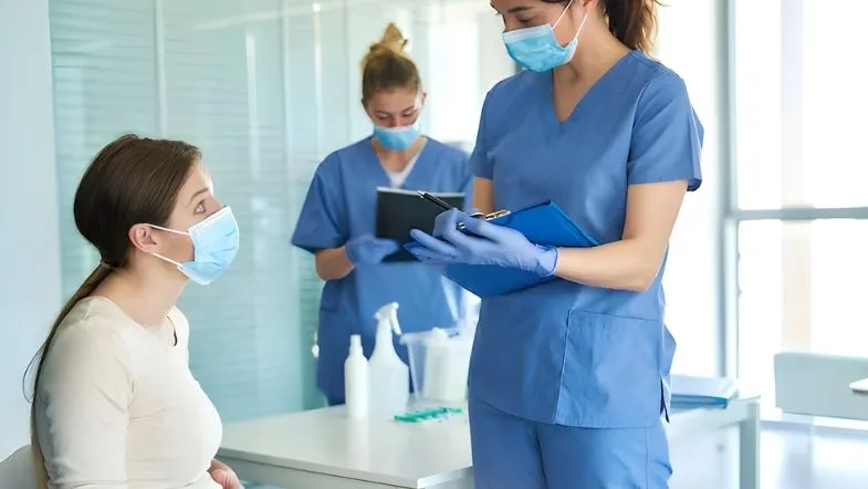 Enfermeira obstetra conversando com paciente gestante em clínica de saúde.