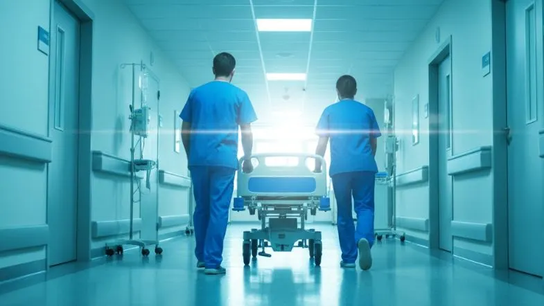 Dois profissionais de saúde de costas, vestindo uniformes azuis, empurrando uma maca hospitalar em direção a um ponto de luz intensa no final de um corredor hospitalar moderno e tecnológico.