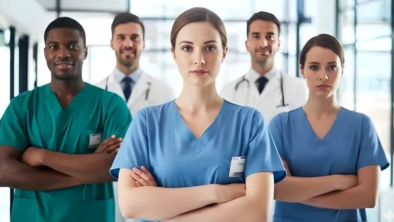 Equipe de profissionais de saúde em posição de liderança, representando autoridade, responsabilidade e gestão estratégica na enfermagem.