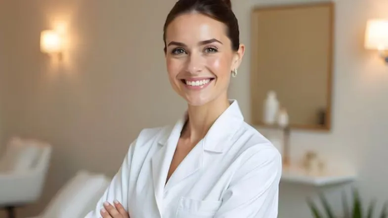 Estética Avançada em Goiânia e Brasília: onde se especializar em 2026 9 Profissional de estética de sucesso, sorridente e de braços cruzados, em uma clínica de luxo moderna e bem iluminada.