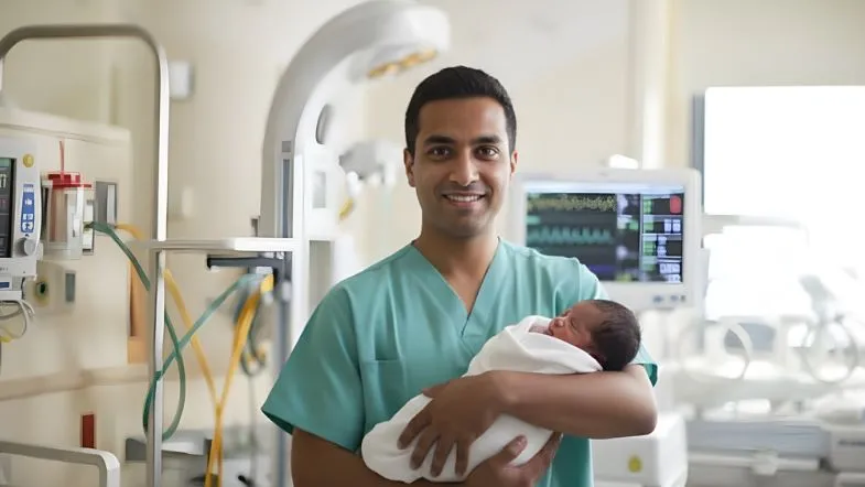 Profissional da saúde segurando recém-nascido em ambiente de UTI Neonatal, representando atuação multiprofissional e cuidado intensivo.