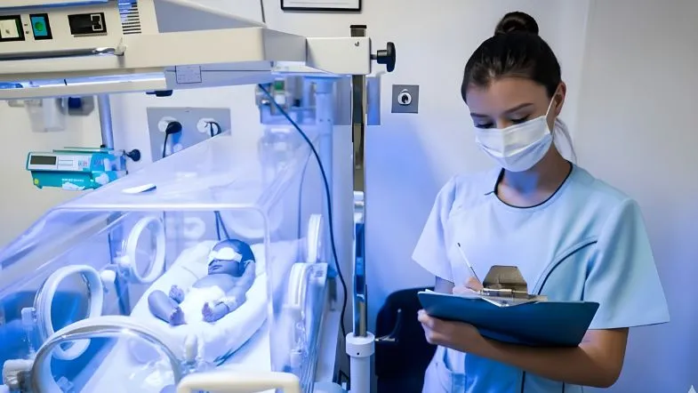 Enfermeira em UTI neonatal fazendo anotações em prancheta ao lado de incubadora com recém-nascido sob fototerapia, focando em protocolos de segurança.