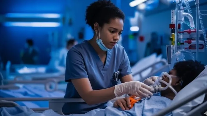 Por que a pós-graduação em Urgência e UTI acelera sua carreira em 2026 9 Profissional de enfermagem realizando cuidados de urgência em UTI, com foco em segurança do paciente e suporte intensivo.