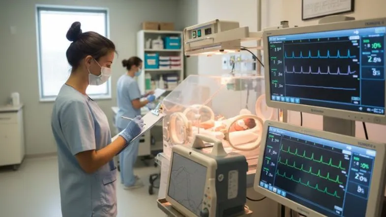 Profissional de saúde avaliando parâmetros de monitorização neonatal em UTI, com equipamentos de suporte intensivo e ventilação assistida.
