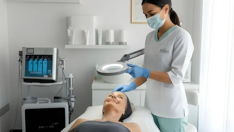 Estética Avançada na prática: como a formação especializada transforma resultados clínicos 6 Profissional de estética utilizando equipamento tecnológico em procedimento facial com prática clínica supervisionada.